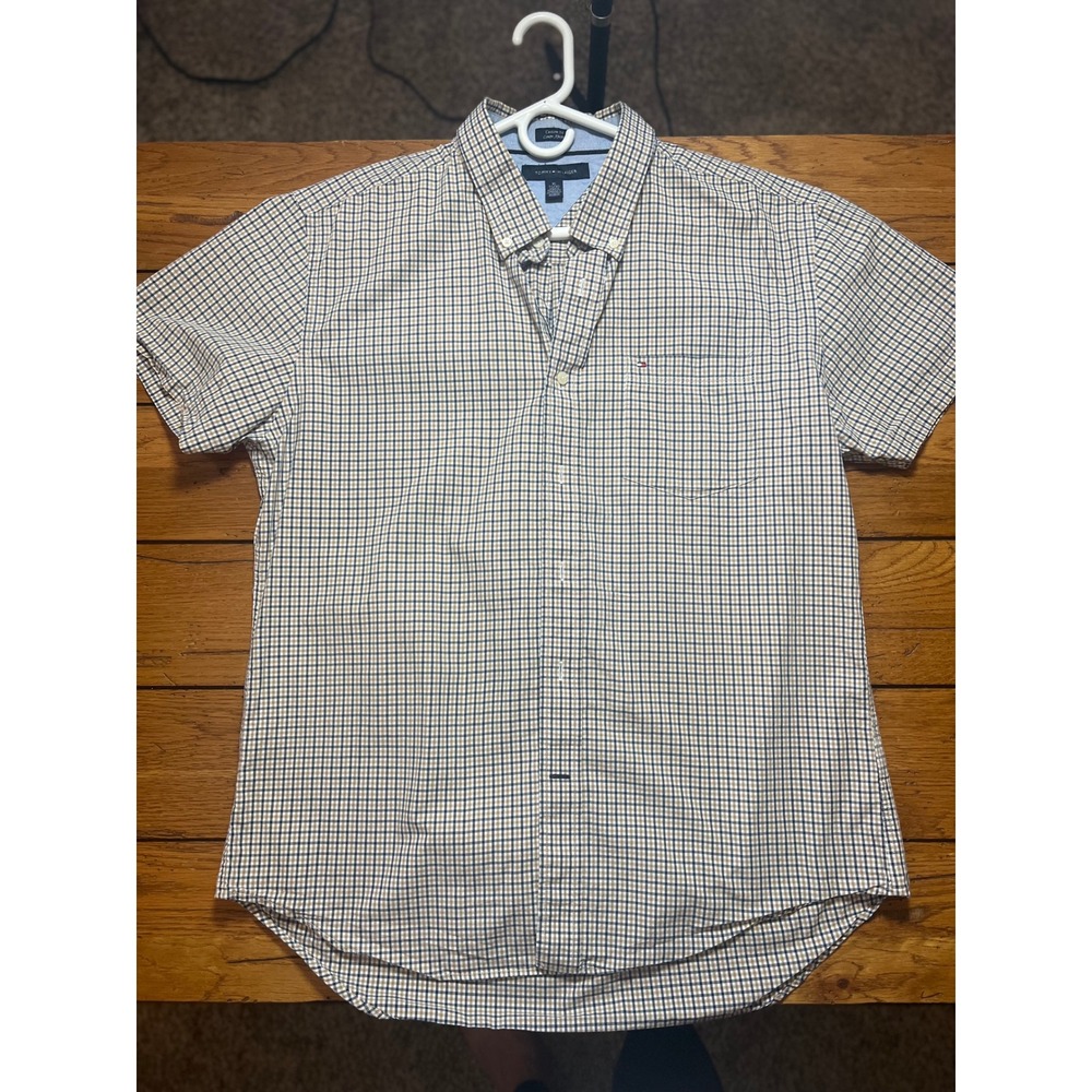 Tommy Hilfiger Mens XL Short Sleeve Button Down Shirt Custom Fit Tan Navy Check